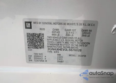 2020 Chevrolet Equinox Fwd Ls z USA, uszkodzony, nr VIN 3GNAXHEV3LS676028